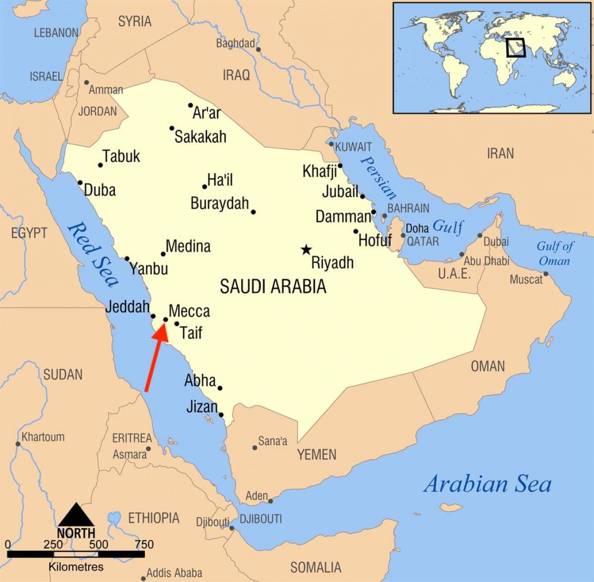 サウジアラビアの地図上のメッカ