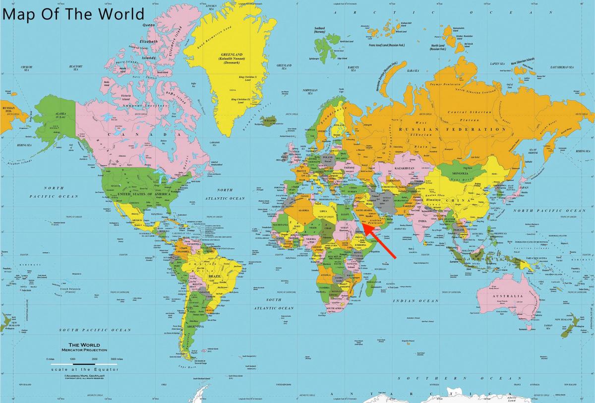 世界地図上のメッカの位置